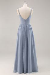 Graublaues Langes Brautjungfernkleid aus Chiffon mit Rüschen und Schlitz